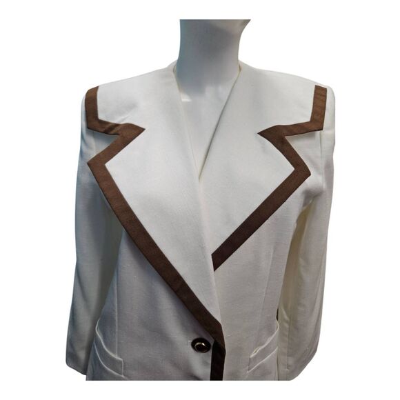 Le Suit Vintage 80's Suit Jacket Blazer Womens Size Large Off White Brown Trim - Picture 5 of 9